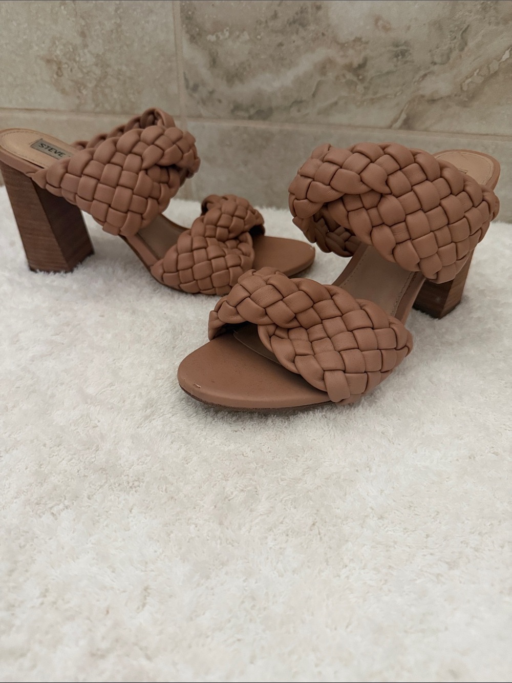 Steve Madden Braided Two-Band Block Heel Sandals in Tan